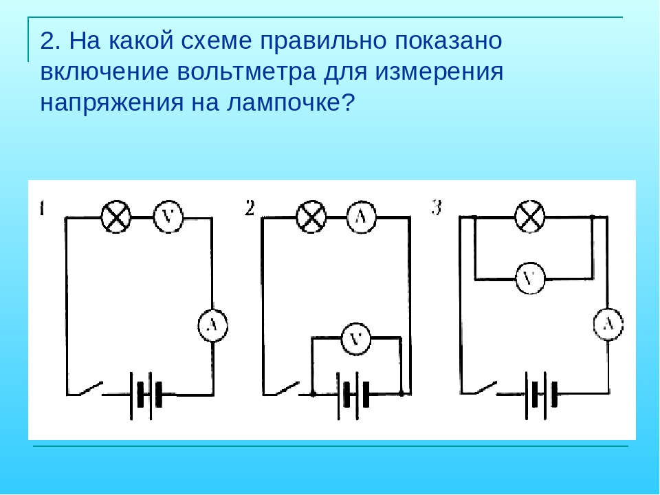 На какой из схем вольтметр включен правильно для измерения напряжения на лампе