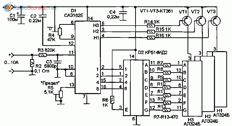 Принципиальная схема цифрового амперметра до 10А и более на микросхемах СА3162, КР514ИД2