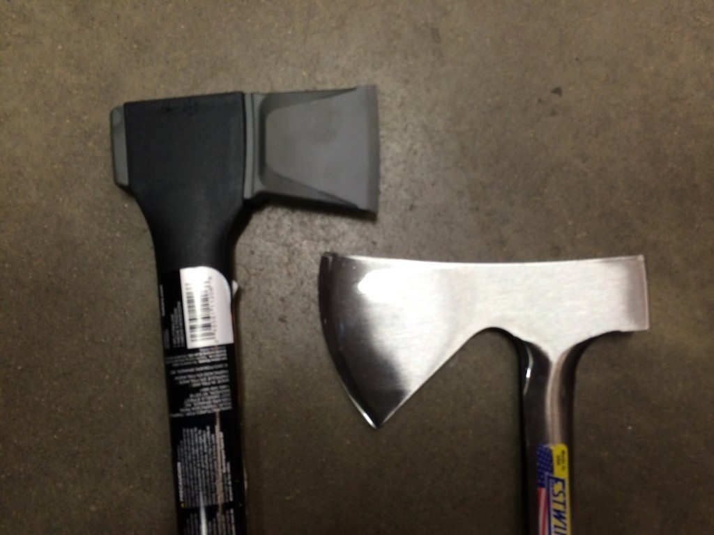  On the left: A heavy ax head on an ax crafted into a particular shape that makes it excellent for splitting logs. On the right: A light-weight camper